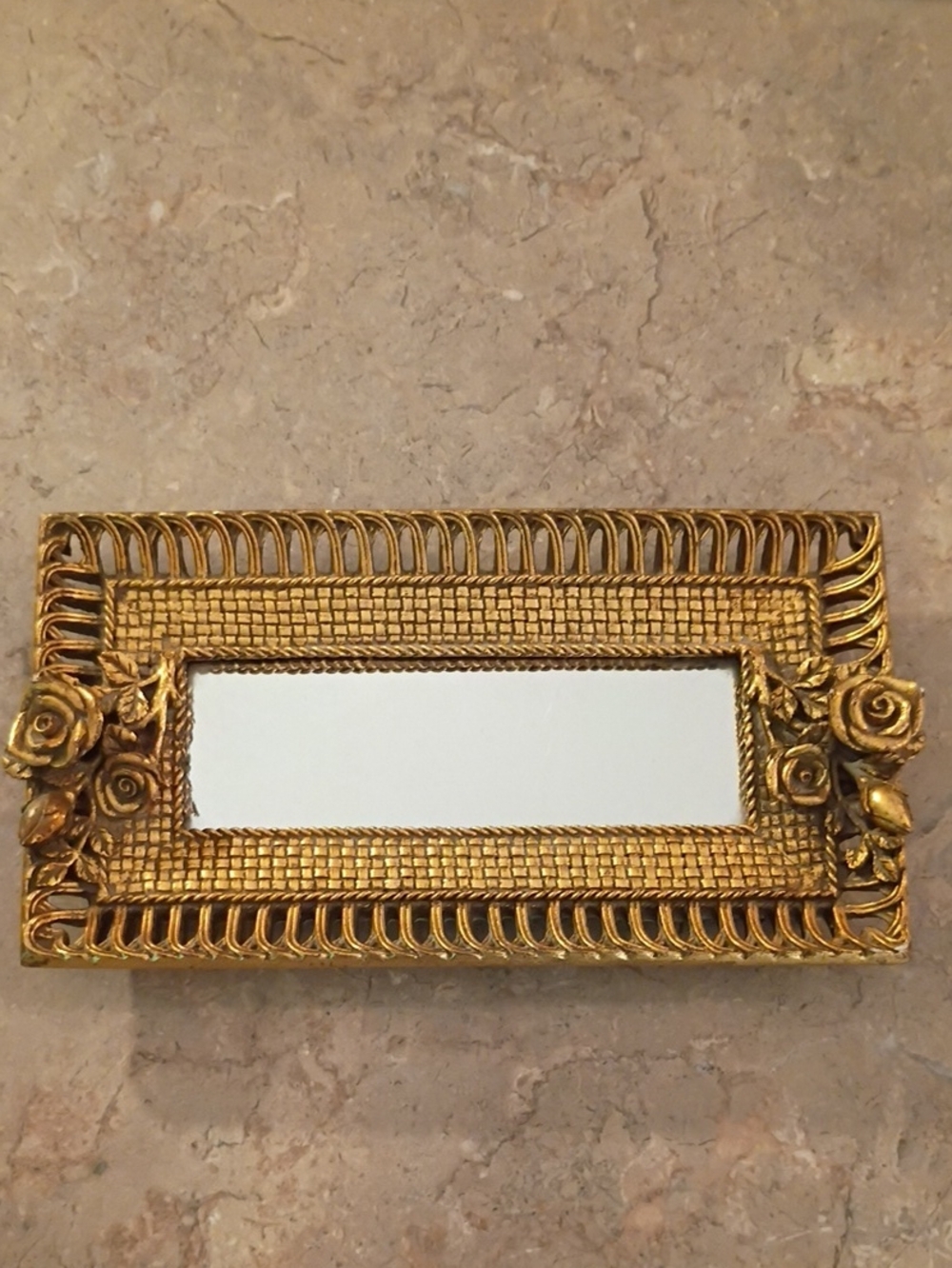 Ornate Gold Rectangular Wall Mirror with Rose Accents